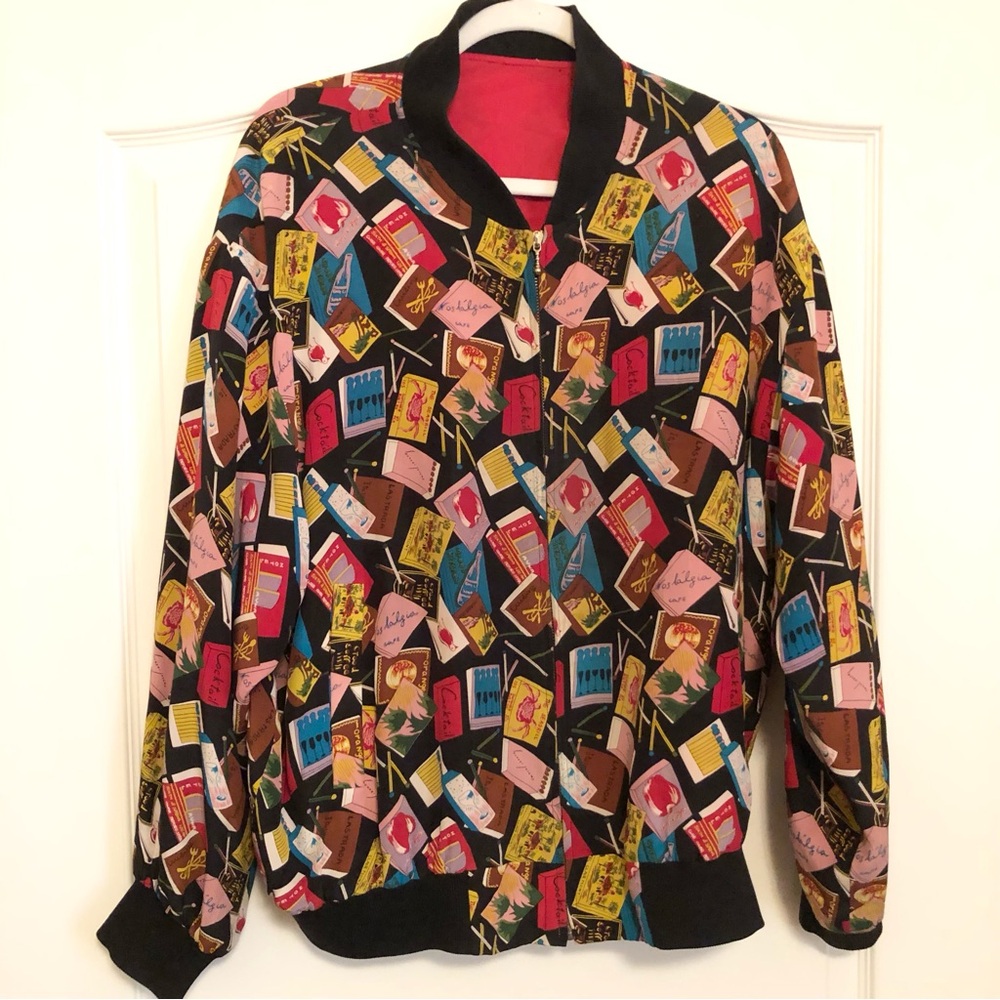 Vtg 90s Nicole Miller Silk Bomber Jacket Matchbook Print Satin Jacket Oversized